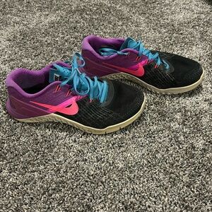 Nike Black and Purple Sneakers with Pink Swoosh